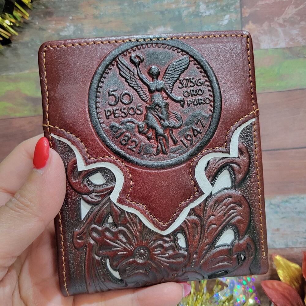 Western Wallet Mexican 50 Peso Embossed Leather Floral Cutout Layered Bifold